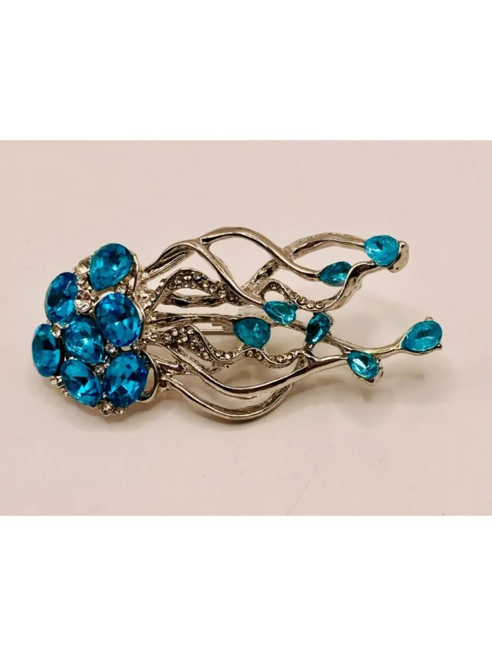 Silver-Tone Jellyfish Brooch Blue Rhinestones & Sparkling Clear Accents -85B